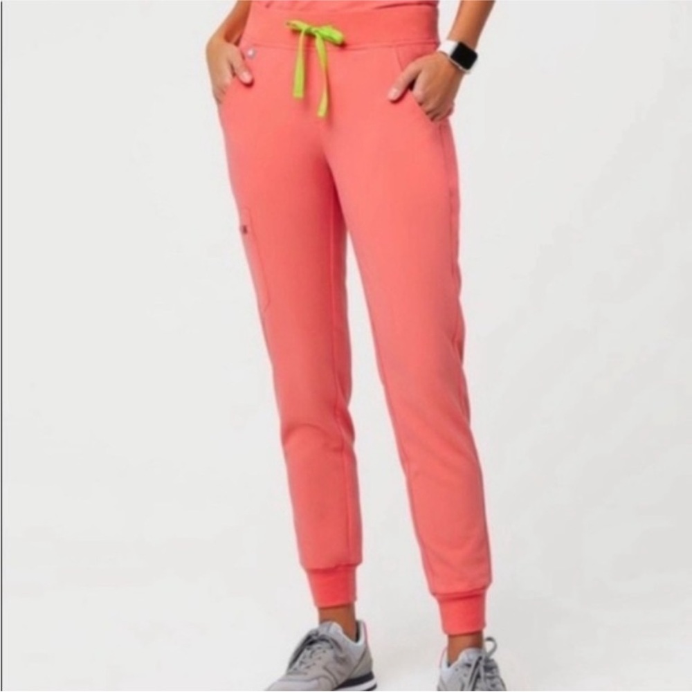Figs Coral Jogger Pants with Neon Green Drawstring